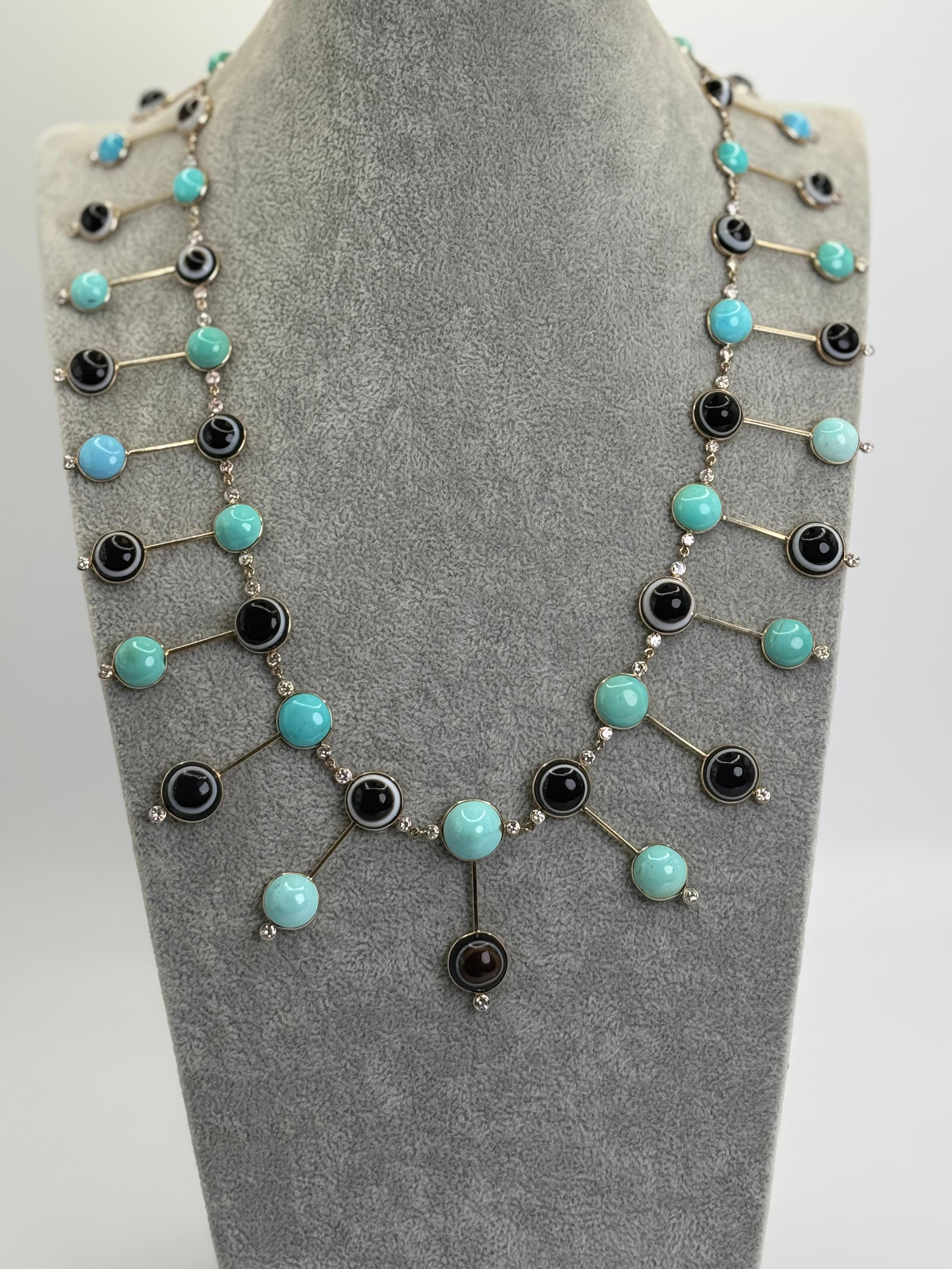 14K Yellow Gold Turquoise, Agate & Diamond “Evil Eye” Fringe Necklace Excellent état - En vente à Great Neck Plaza, NY