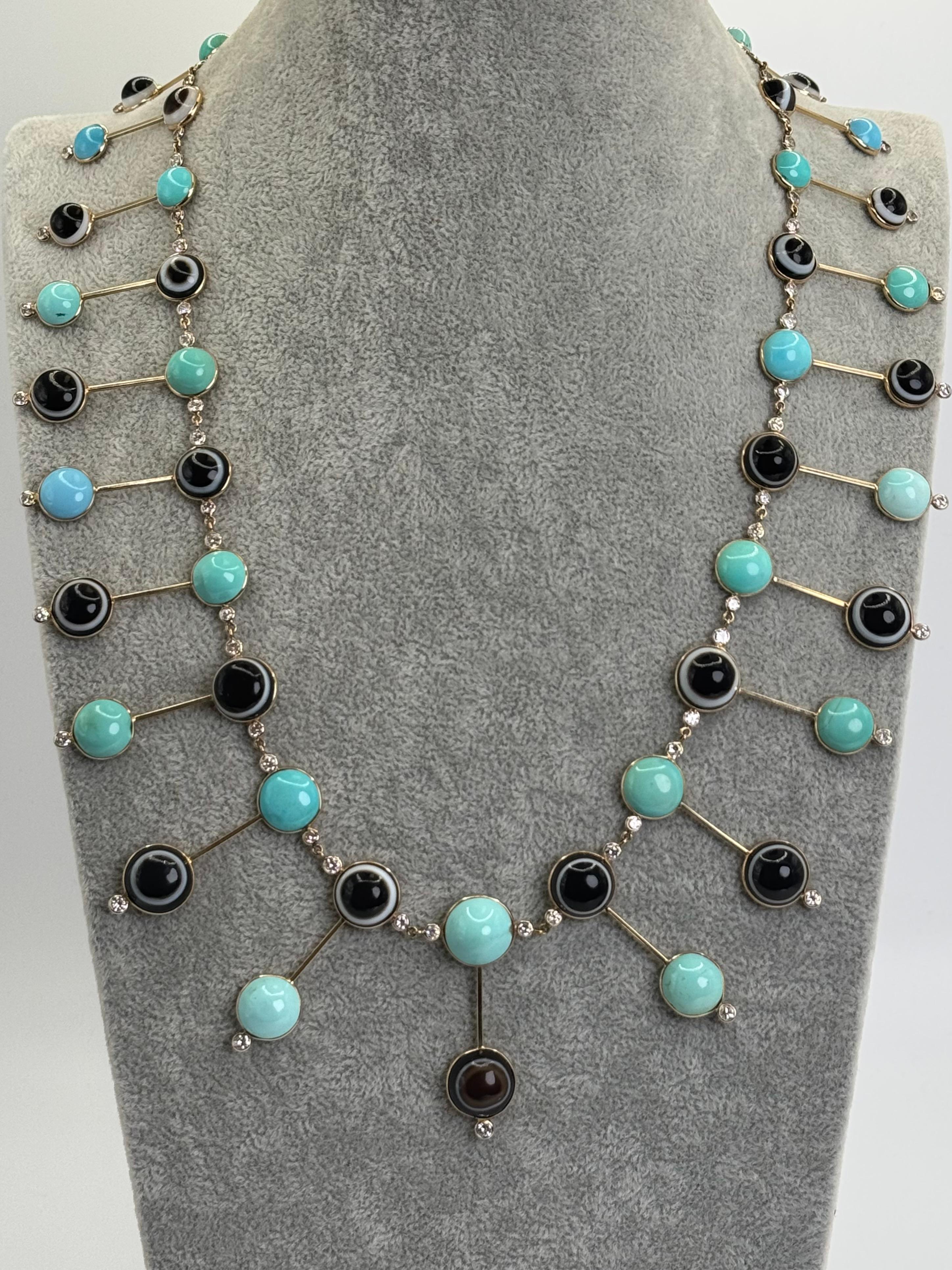 14K Yellow Gold Turquoise, Agate & Diamond “Evil Eye” Fringe Necklace Unisexe en vente