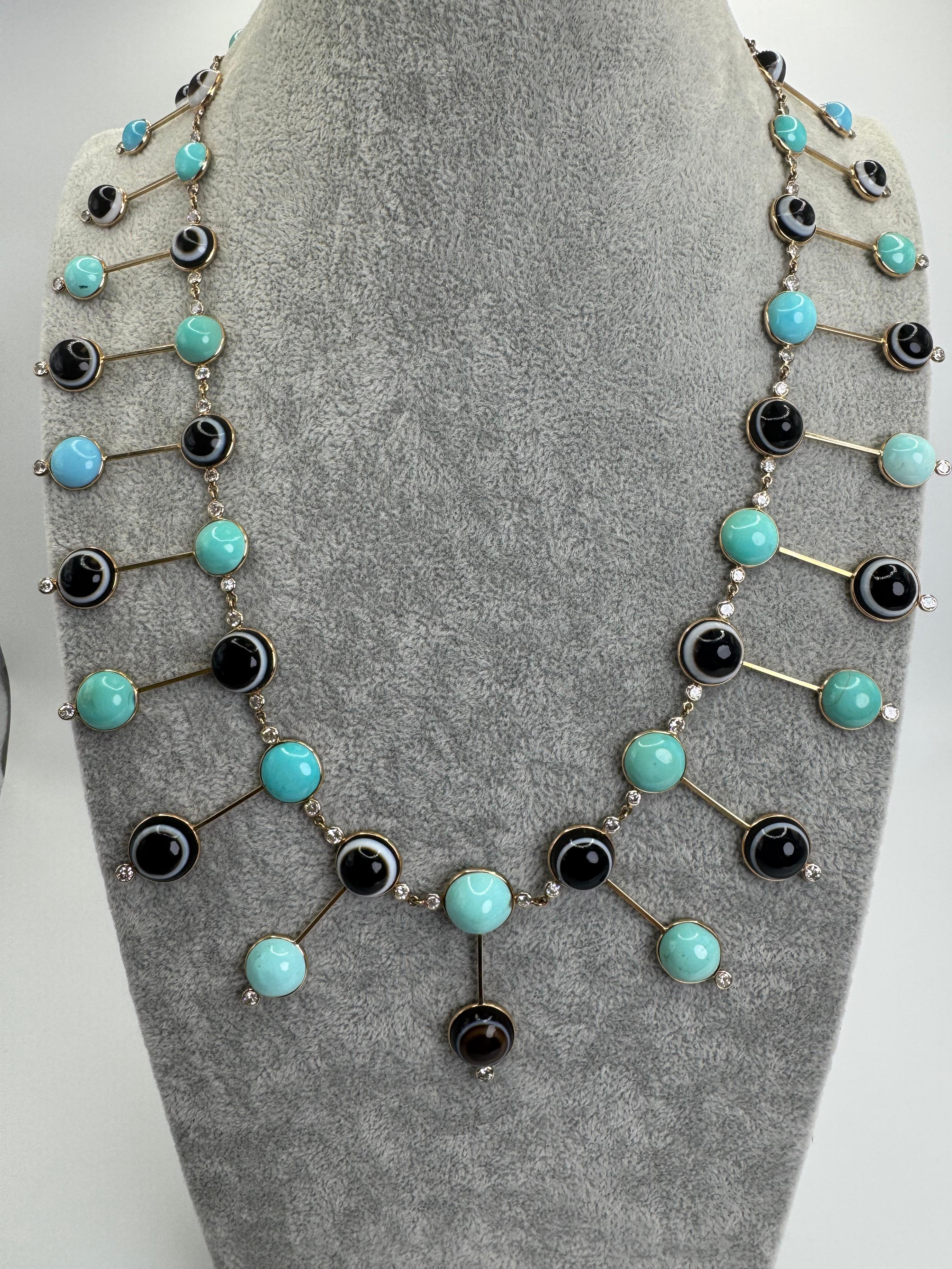 14K Yellow Gold Turquoise, Agate & Diamond “Evil Eye” Fringe Necklace en vente 1