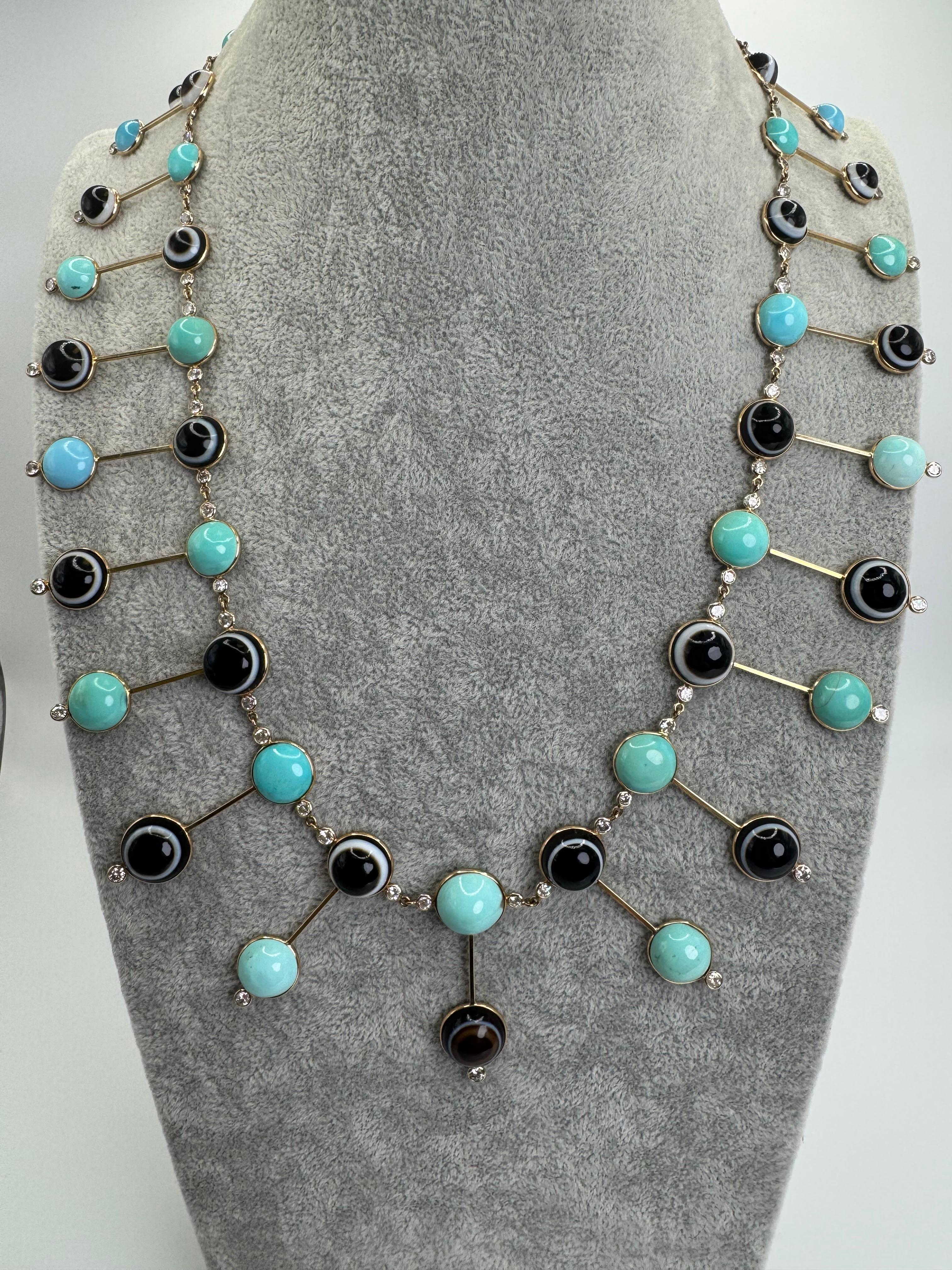 14K Yellow Gold Turquoise, Agate & Diamond “Evil Eye” Fringe Necklace en vente 2