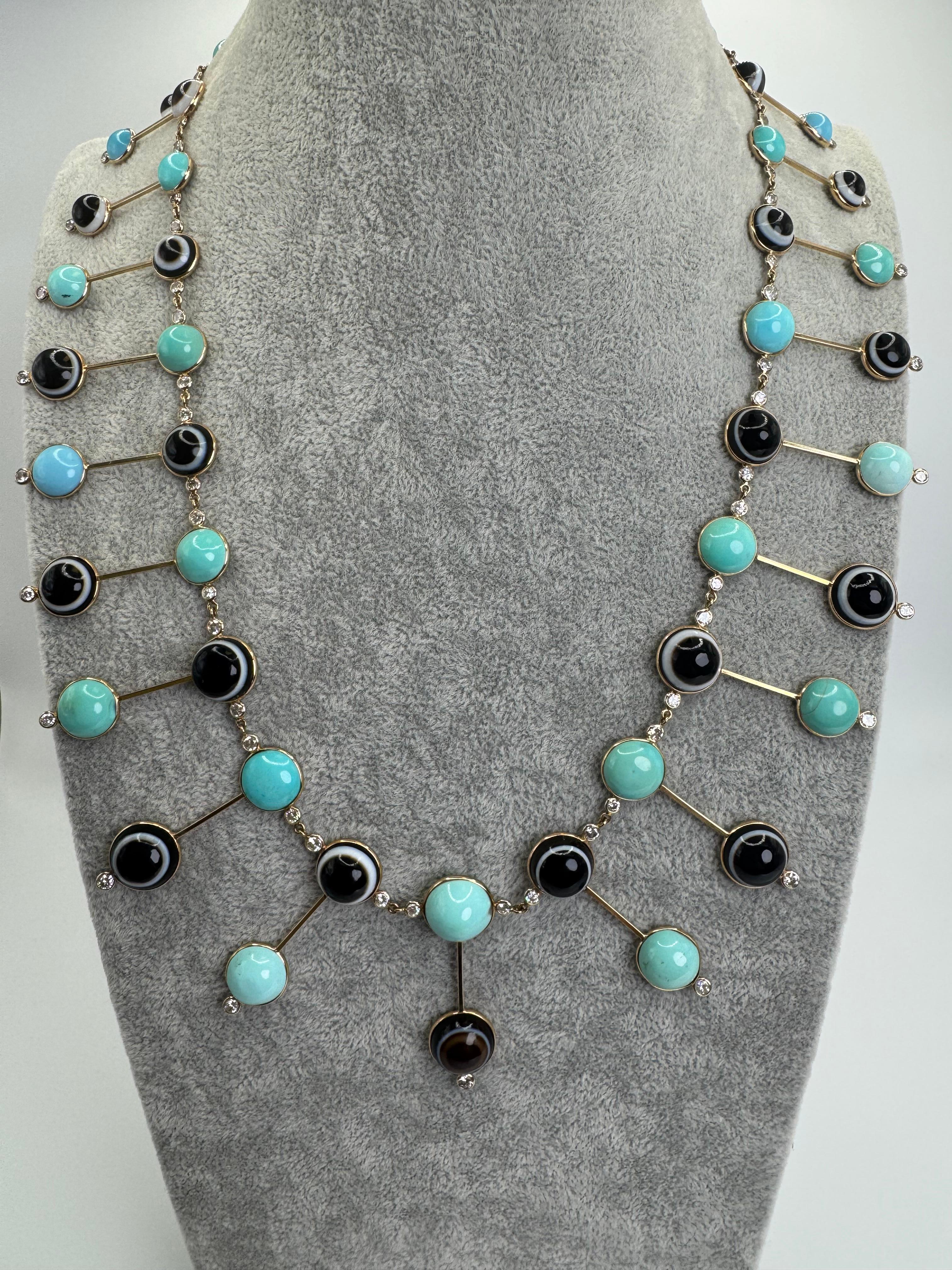 14K Yellow Gold Turquoise, Agate & Diamond “Evil Eye” Fringe Necklace en vente 3