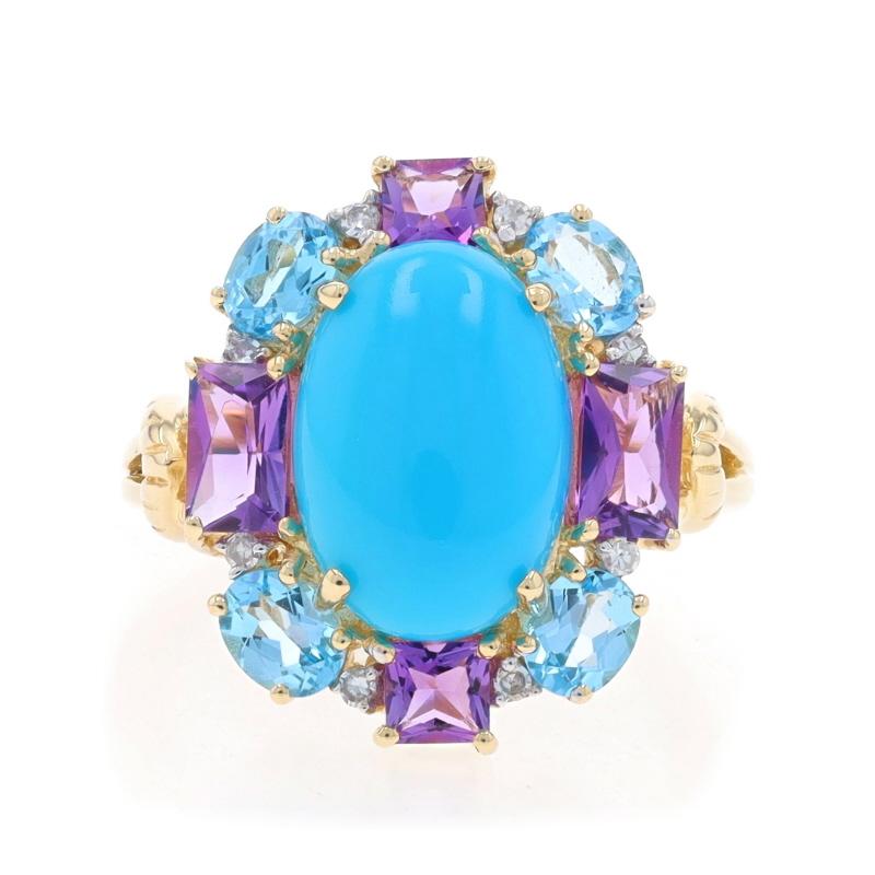 Size: 5 1/4
Sizing Fee: Up 2 1/2 sizes for $35 or Down 1 size for $35

Metal Content: 14k Yellow Gold & 14k White Gold

Stone Information

Natural Turquoise
Treatment: Routinely Enhanced
Cut: Oval Cabochon
Color: Blue

Natural Amethysts
Carat(s):