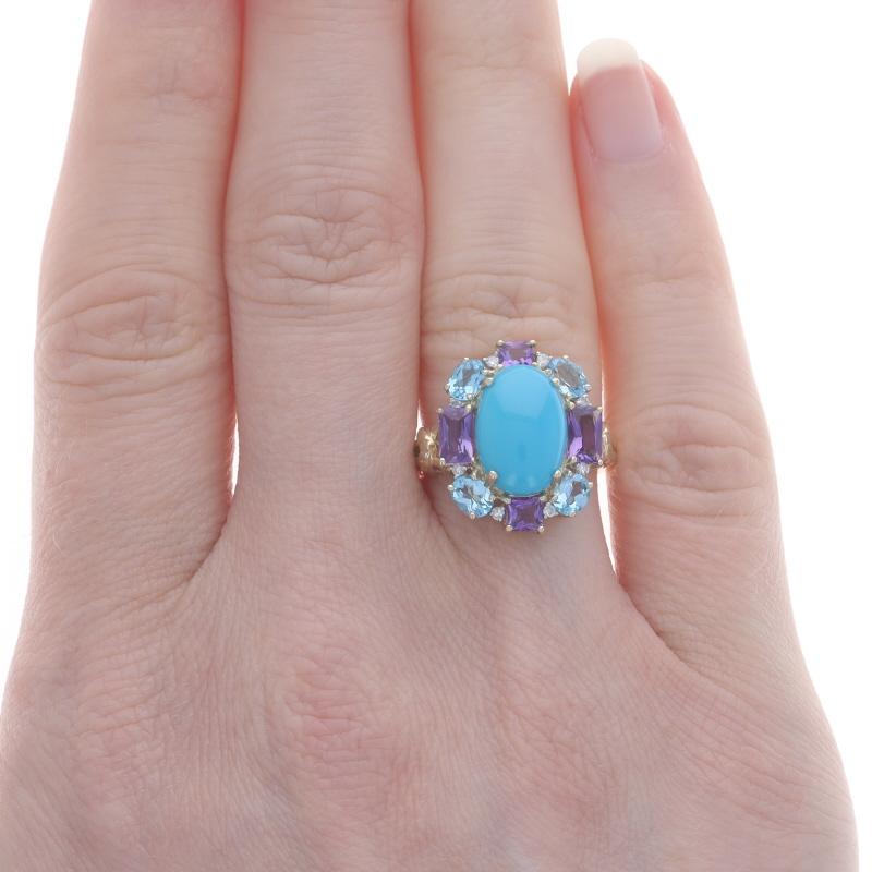 Oval Cut Yellow Gold Turquoise Amethyst Topaz Halo Ring -14k Oval Cabochon 1.34ctw Floral For Sale