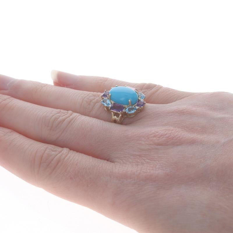 Yellow Gold Turquoise Amethyst Topaz Halo Ring -14k Oval Cabochon 1.34ctw Floral In Excellent Condition For Sale In Greensboro, NC