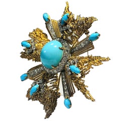 Yellow Gold Turquoise and Diamond Maltese Cross Brooch