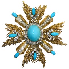 Yellow Gold Turquoise and Diamond Maltese Cross Brooch
