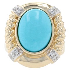 Yellow Gold Turquoise and Diamond Ring, 14 Karat Cabochon Cut Ribbed