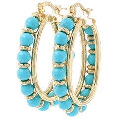 Yellow Gold Turquoise Bead Hoop Earrings, 18 Karat Oval Pierced Snap Closures