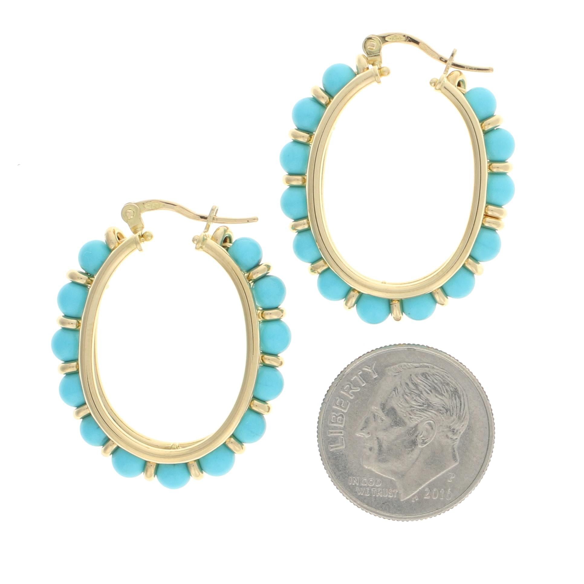 Yellow Gold Turquoise Bead Hoop Earrings, 18 Karat Oval Pierced Snap Closures In Excellent Condition In Greensboro, NC