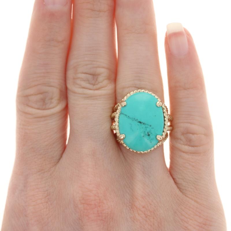Türkis-Cocktail- Solitär-Ring aus Gelbgold - 14k Oval Cabochon-Schliff Seil (Ovalschliff)