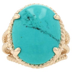 Türkis-Cocktail- Solitär-Ring aus Gelbgold - 14k Oval Cabochon-Schliff Seil