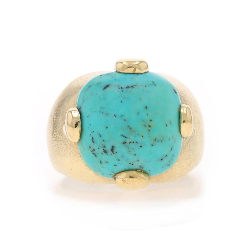 Size: 7
Sizing Fee: Up 1 size for $60 or Down 1 size for $40

Metal Content: 18k Yellow Gold

Stone Information

Natural Turquoise
Treatment: Routinely Enhanced
Color: Bluish Green

Style: Cocktail Solitaire
Features: Brushed