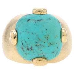 Yellow Gold Turquoise Cocktail Solitaire Ring - 18k Brushed