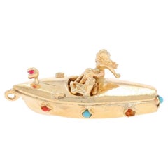 Yellow Gold Turquoise Coral Retro Speedboat Charm - 14k Water Sports