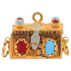 Yellow Gold Turquoise Coral Retro Treasure Chest Charm - 14k Opens