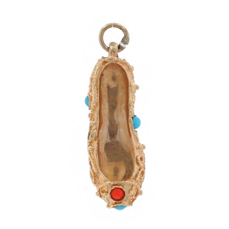 Metal Content: 14k Yellow Gold

Stone Information

Natural Turquoise
Treatment: Routinely Enhanced
Color: Blue

Natural Coral

Theme: Slipper, Ballet Flat Shoe

Measurements

Tall (from stationary bail): 1 3/32