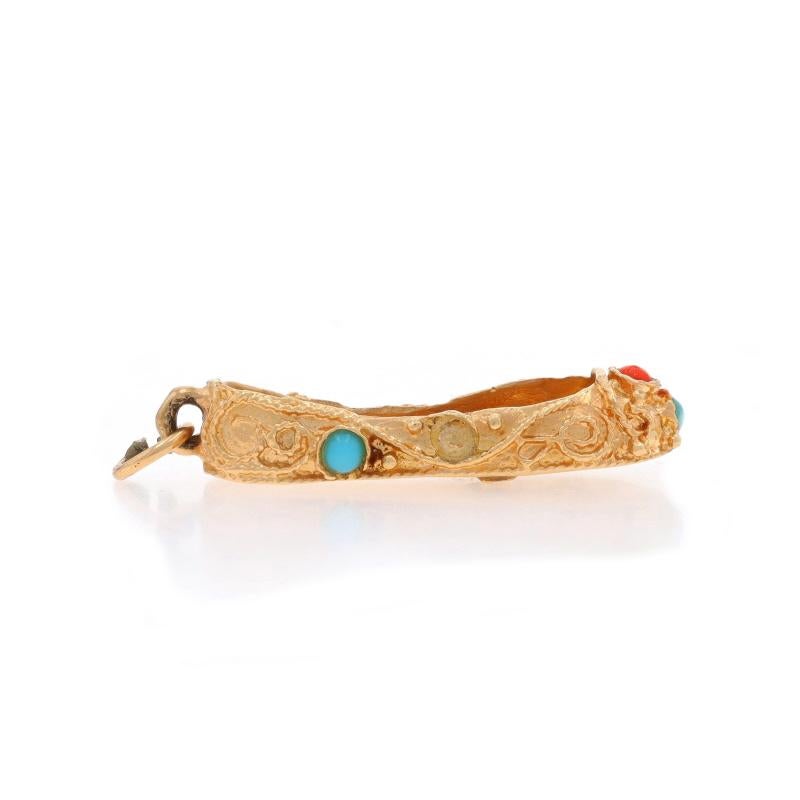 Mixed Cut Yellow Gold Turquoise & Coral Slipper Charm - 14k Ballet Flat Shoe For Sale
