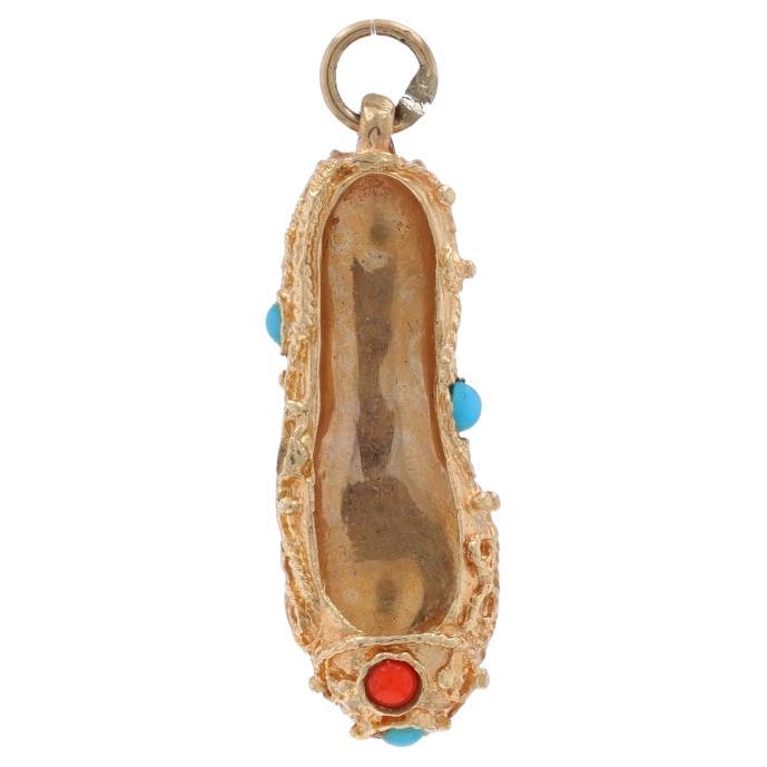 Yellow Gold Turquoise & Coral Slipper Charm - 14k Ballet Flat Shoe For Sale