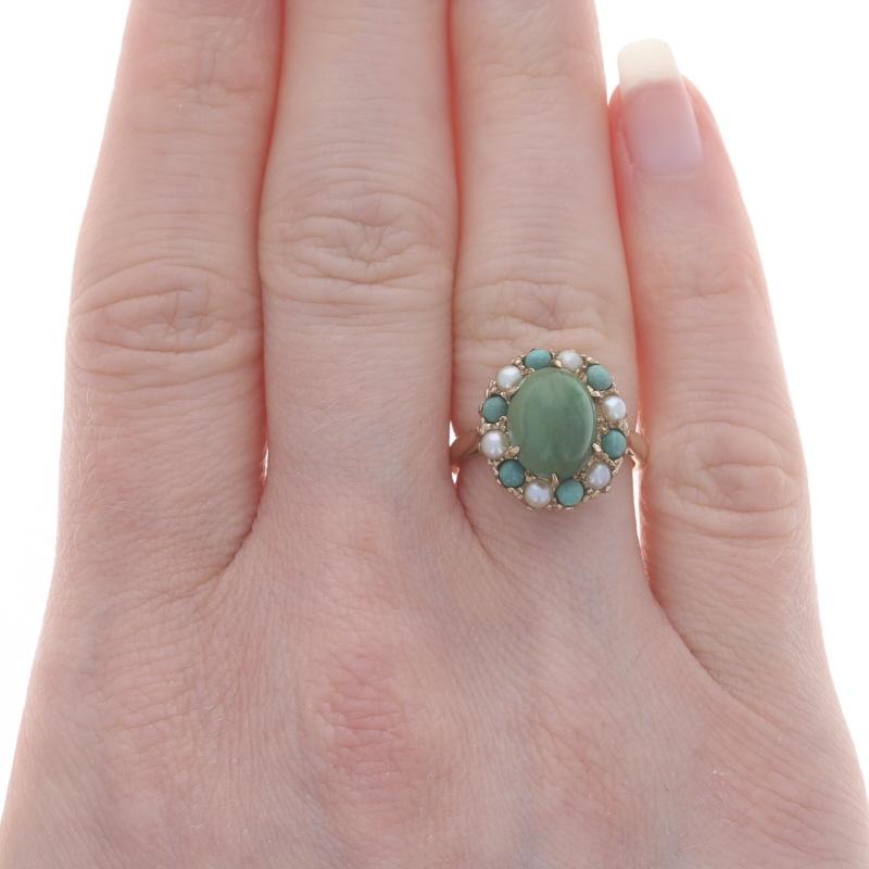 Oval Cut Yellow Gold Turquoise Cultured Pearl Vintage Halo Ring - 10k Oval Cabochon For Sale