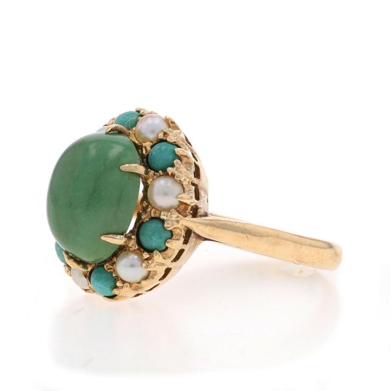 Yellow Gold Turquoise Cultured Pearl Vintage Halo Ring - 10k Oval Cabochon In Excellent Condition For Sale In Greensboro, NC
