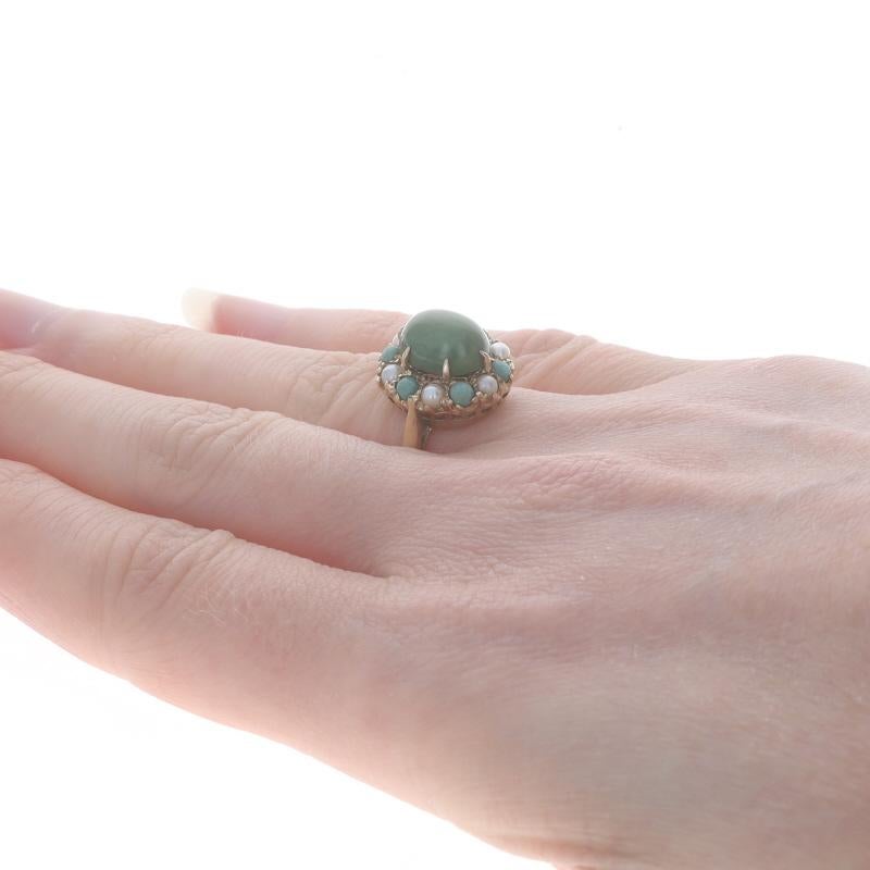 Women's Yellow Gold Turquoise Cultured Pearl Vintage Halo Ring - 10k Oval Cabochon For Sale