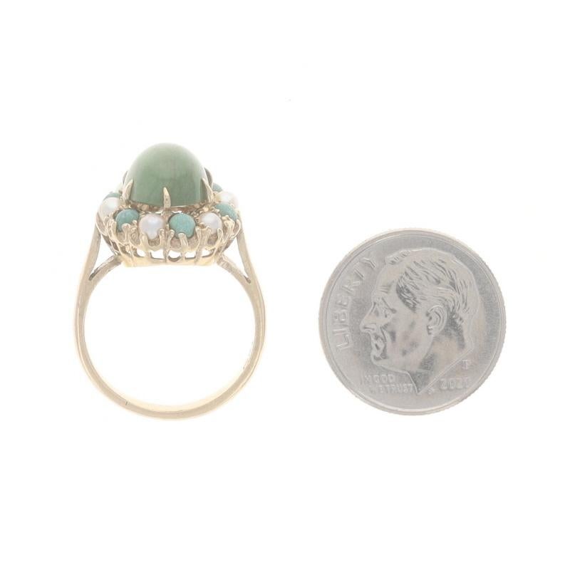 Yellow Gold Turquoise Cultured Pearl Vintage Halo Ring - 10k Oval Cabochon For Sale 1