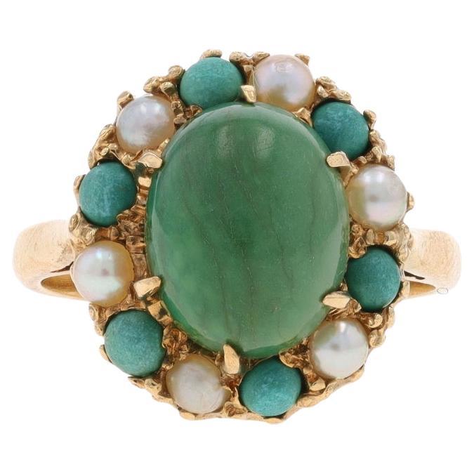 Gelbgold Türkis Zuchtperlen Vintage Halo-Ring - 10k Oval Cabochon