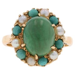 Gelbgold Türkis Zuchtperlen Vintage Halo-Ring - 10k Oval Cabochon