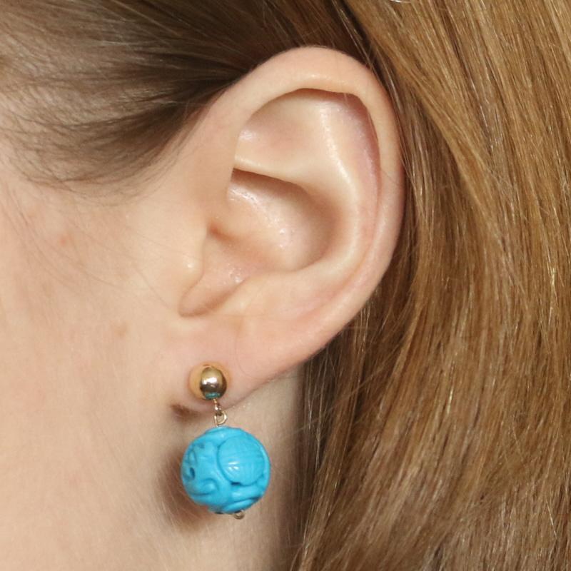 Yellow Gold Turquoise Dangle Earrings - 14k Carved In New Condition For Sale In Greensboro, NC