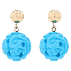 Yellow Gold Turquoise Dangle Earrings - 14k Carved