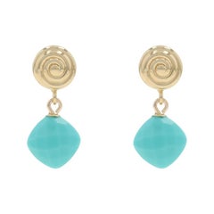 Yellow Gold Turquoise Dangle Earrings - 14k Cushion Checkerboard Pierced