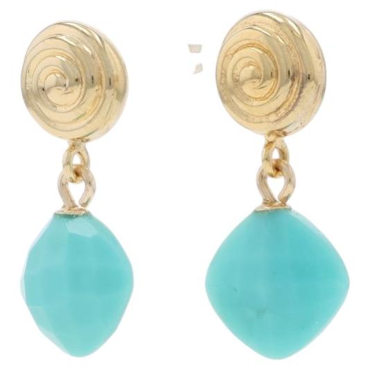 Yellow Gold Turquoise Dangle Earrings - 14k Cushion Checkerboard Pierced For Sale