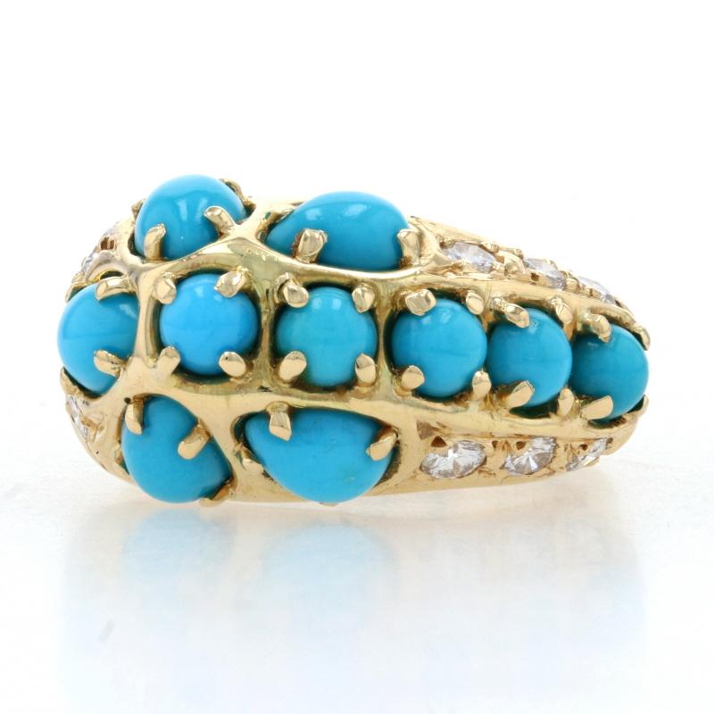 Size: 7
Sizing Fee: Down 1 size for $40 or up 2 sizes for $50

Metal Content: 18k Yellow Gold

Stone Information
Genuine Turquoise
Treatment: Routinely Enhanced
Cuts: Pear Cabochon & Round Cabochon
Color: Blue

Natural Diamonds
Total Carats: