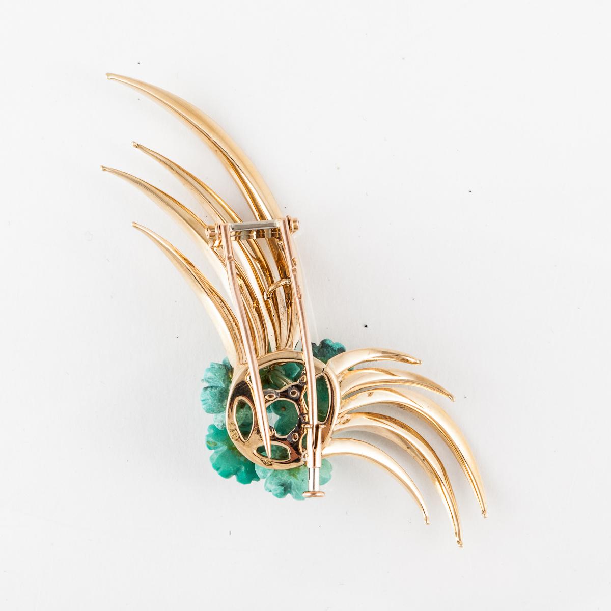 Mixed Cut French Spray Brooch with Turquoise and Diamonds in 18K Gold For Sale