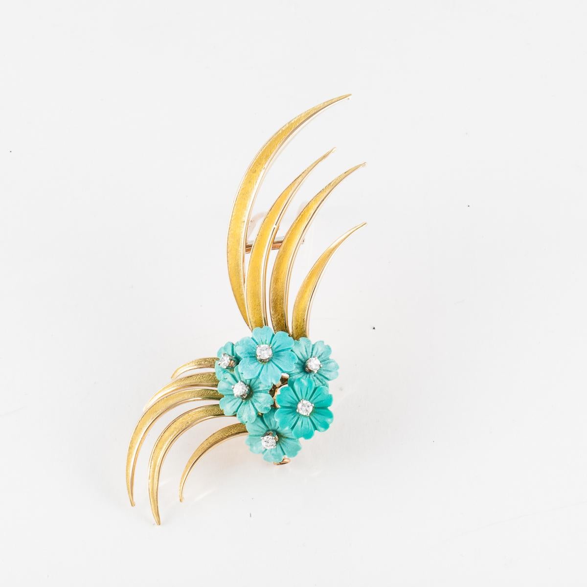 French Spray Brooch with Turquoise and Diamonds in 18K Gold In Good Condition For Sale In Houston, TX