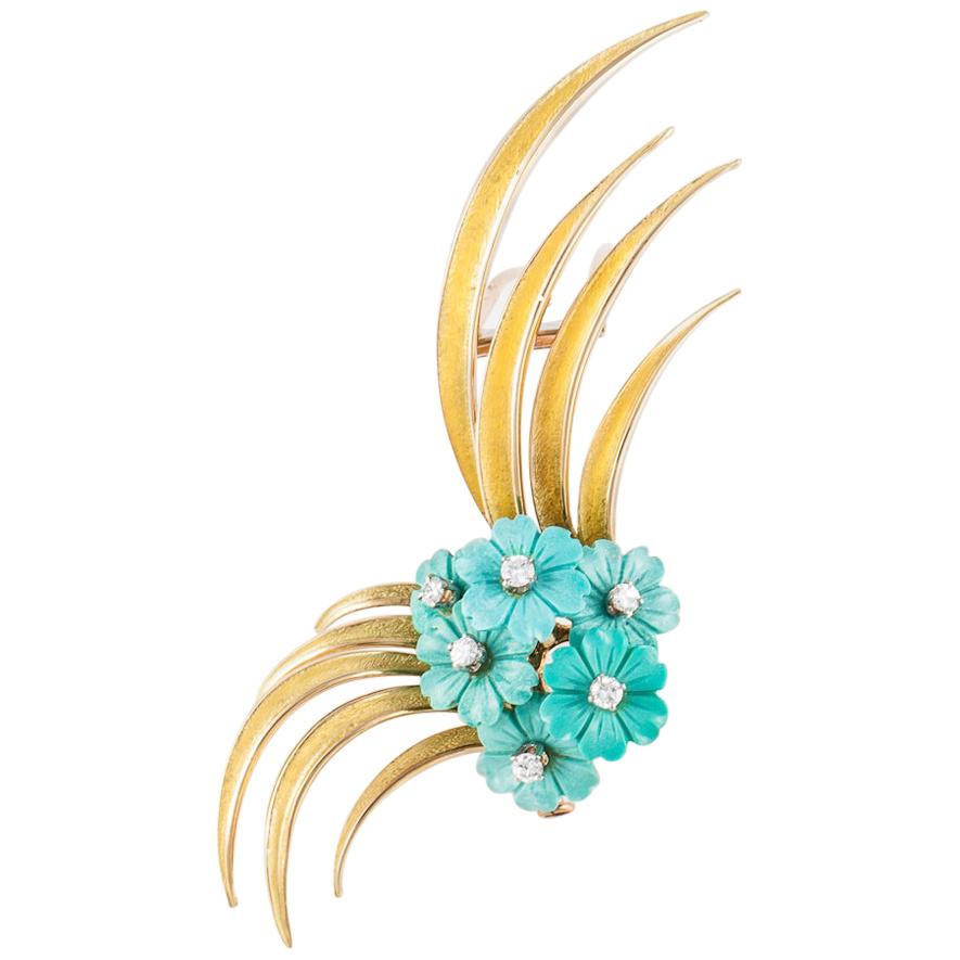 French Spray Brooch with Turquoise and Diamonds in 18K Gold For Sale