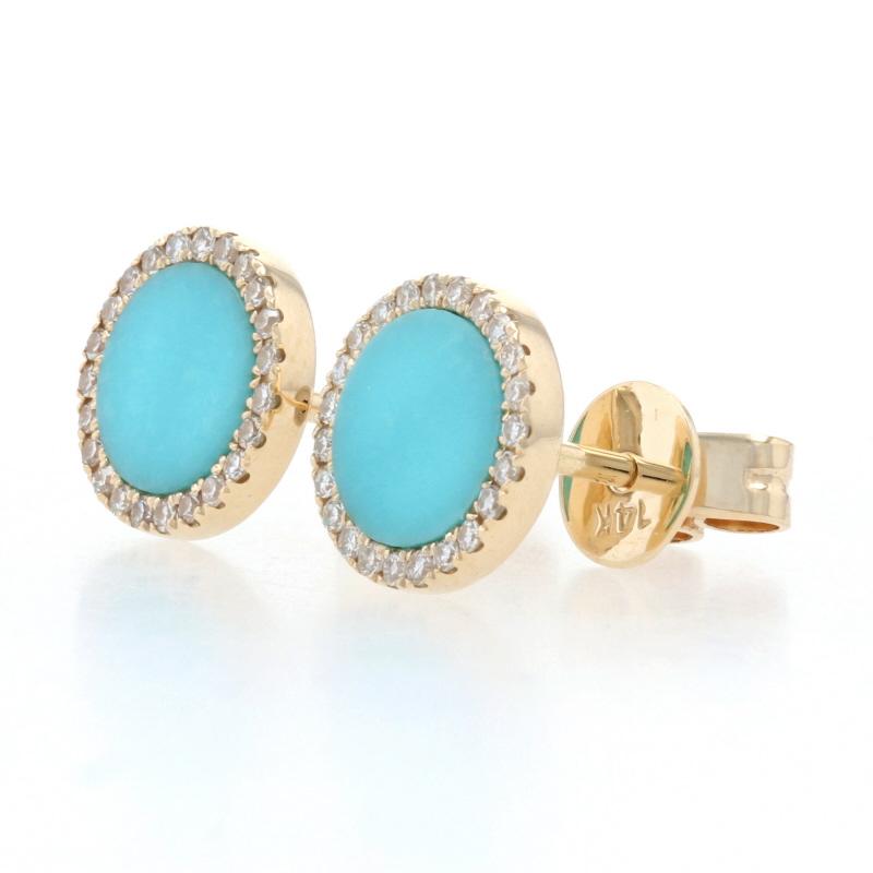 Metal Content: 14k Yellow Gold 

Stone Information: 
Genuine Turquoise
Treatment: Routinely Enhanced
Cut: Round 
Color: Greenish Blue

Natural Diamonds
Total Carats: .14ctw
Cut: Single
Color: F - G
Clarity: VS1 - VS2

Style: Halo Stud 
Fastening