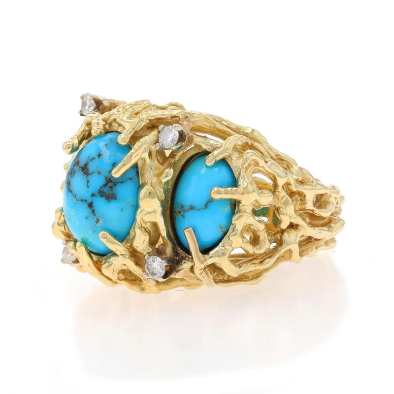 Bague en or jaune Turquoise et diamant - 14k Cabochon ovale .16ctw Three-Stone Sz 7 Excellent état - En vente à Greensboro, NC