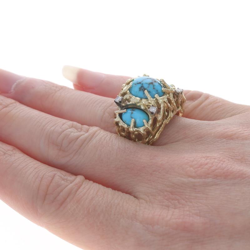 Bague en or jaune Turquoise et diamant - 14k Cabochon ovale .16ctw Three-Stone Sz 7 Pour femmes en vente