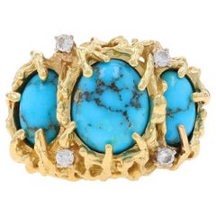 Anillo de Oro Amarillo Turquesa y Diamantes - 14k Cabujón Ovalado .16ctw Tres Piedras Sz 7