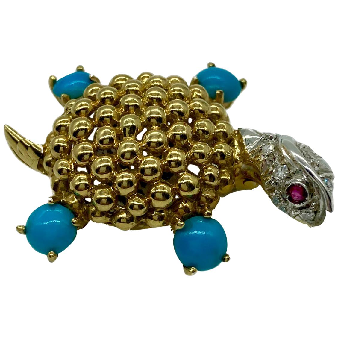 Broche tortue en or jaune, turquoises, diamants et rubis