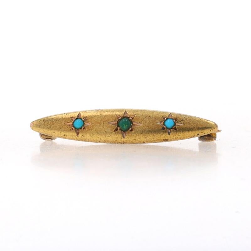 Era: Edwardian
Date: 1900s - 1910s

Metal Content: 14k Yellow Gold

Stone Information
Natural Turquoise
Treatment: Routinely Enhanced
Color: Green & Greenish Blue

Style: Three-Stone Lingerie Bar Pin/Petite Bar Brooch
Fastening Type: C-Clasp
Theme:
