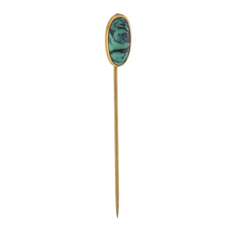 Era: Edwardian
Date: 1900s - 1910s

Metal Content: 14k Yellow Gold

Stone Information
Natural Turquoise
Treatment: Routinely Enhanced
Cut: Oval Cabochon
Color: Green & Black

Style: Solitaire Stickpin

Measurements
Face Height (north to south):
