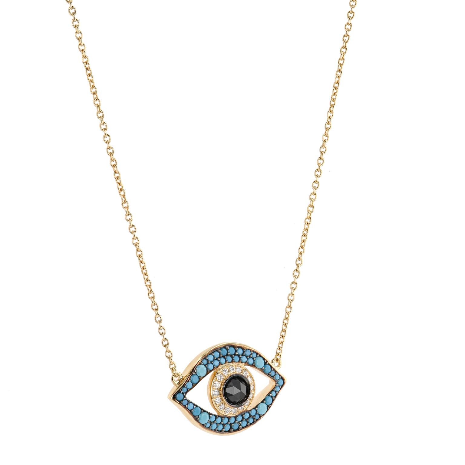 Turquoise, Zircon and Diamond Evil Eye Pendant Set in 14 karat Gold 16-17 inches.

Nothing evil can get past this eye-catching 14 karat gold Evil Eye pendant, adorned with 0.80 carats of crushed turquoise, 
holding a centered rose cut 0.85 carat