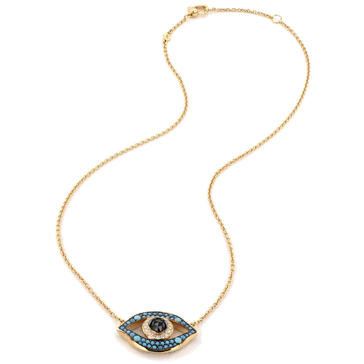 Turquoise, Zircon and Diamond Evil Eye Pendant Set in 14 karat Gold 16-17 inches In New Condition In Miami, FL