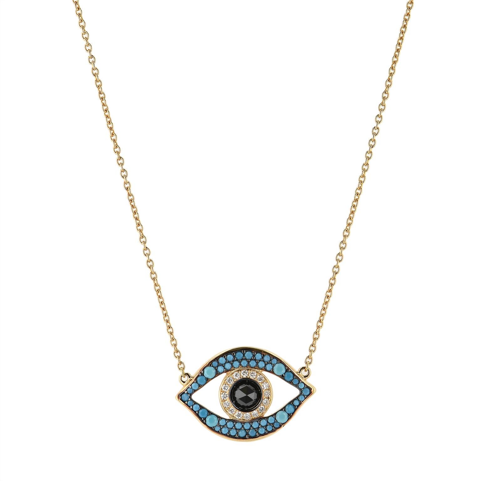 Turquoise, Zircon and Diamond Evil Eye Pendant Set in 14 karat Gold 16-17 inches