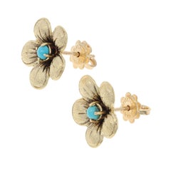 Yellow Gold Turquoise Flower Earrings, 18k Cabochon Cut Pierced Screw-On Studs