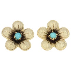 Yellow Gold Turquoise Flower Earrings, 18k Cabochon Cut Pierced Screw-On Studs