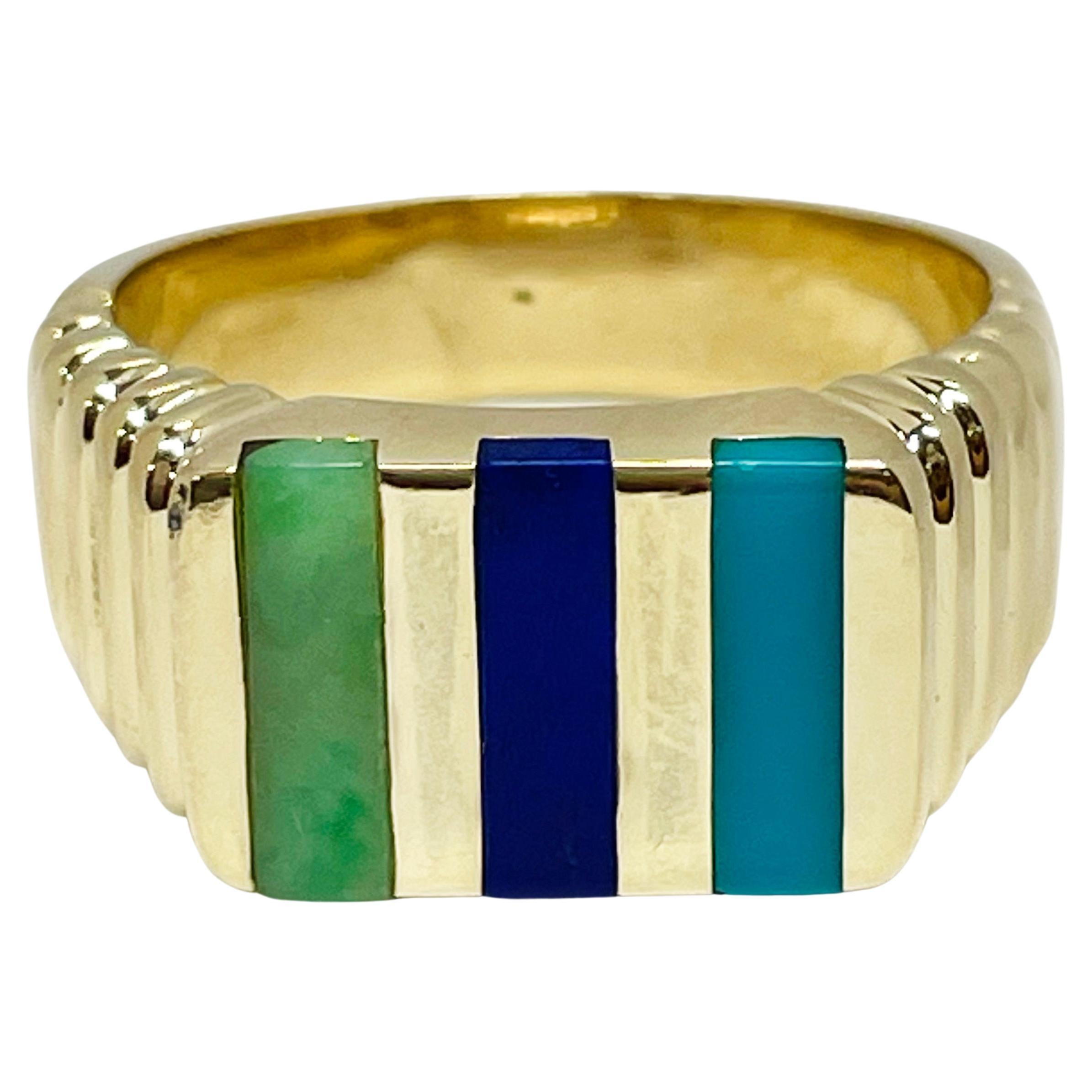 Bague en or jaune, turquoise, lapis-lazuli et jade