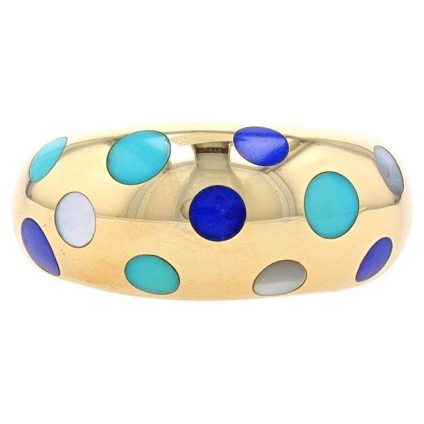 Yellow Gold Turquoise Lapis Mother of Pearl Polka Dot Dome Band 18k Ring Sz 7